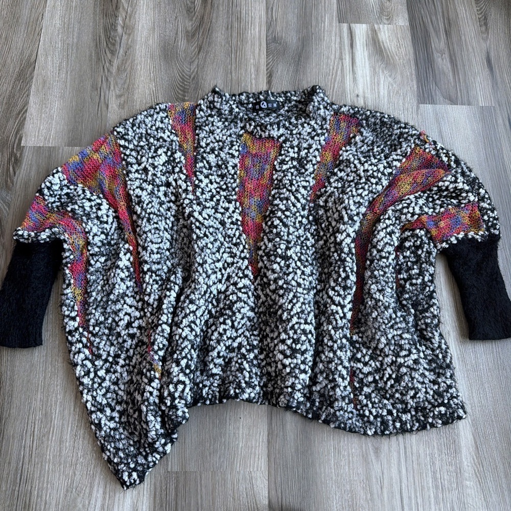 Cozy Oversized Artsy Black White Crochet Detail Sweater Lagenlook Baggy Slouchy